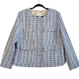 HM Blue White Tweed Faux Pearl Button Lady Jacket Blazer XL 11459207